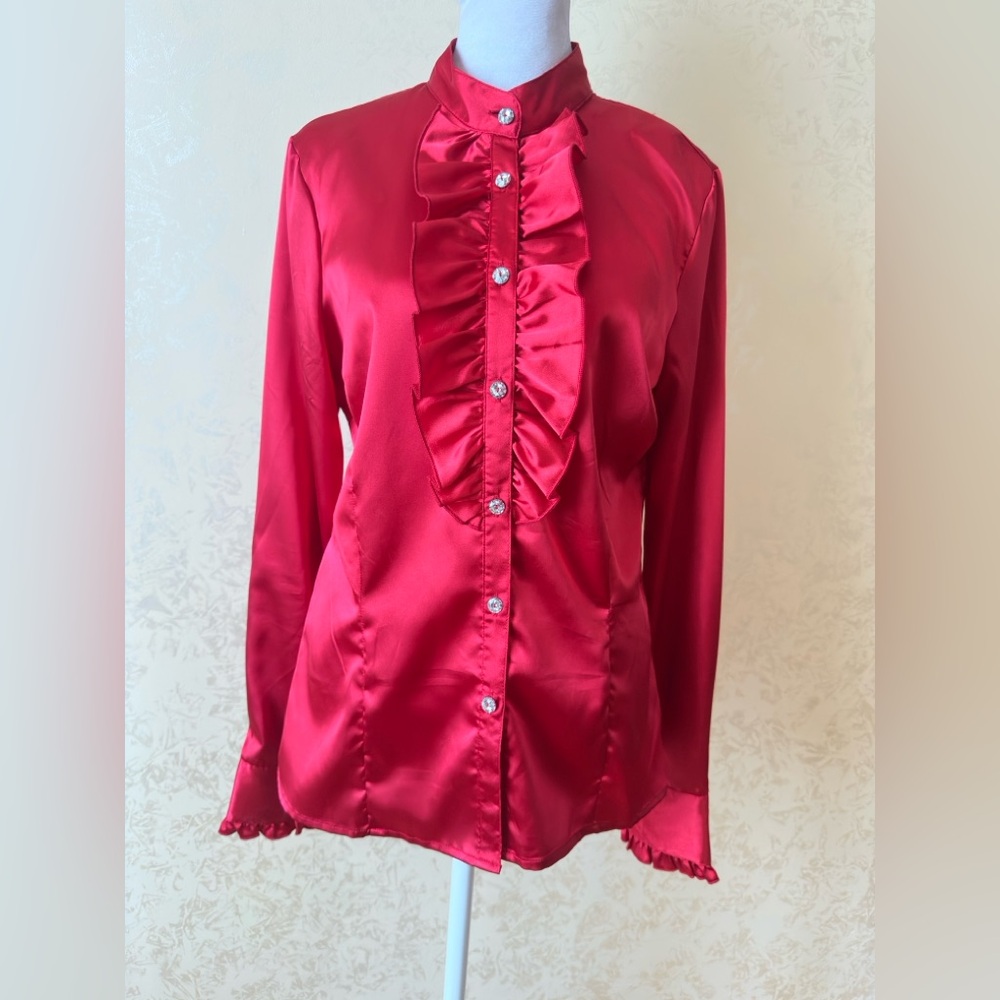 Chic Satin Ruffle Blouse in Vibrant Red